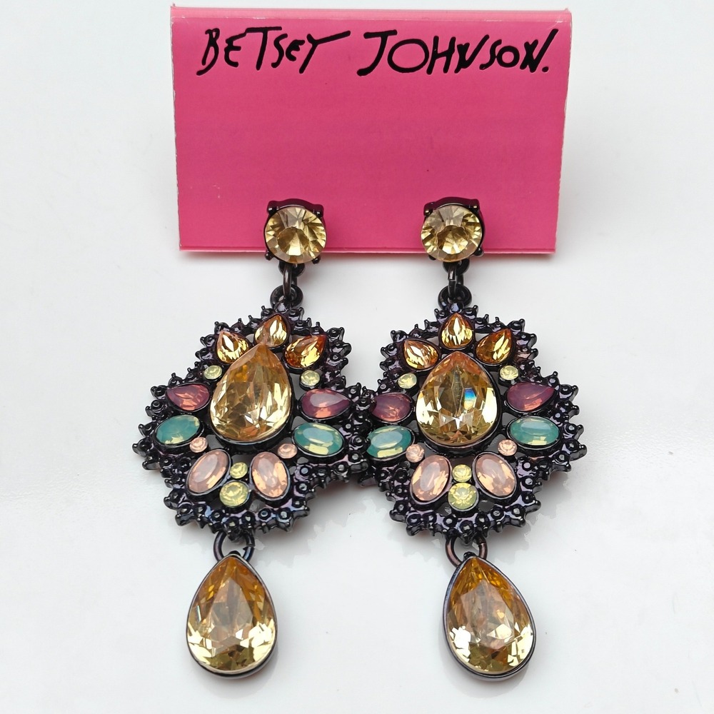 Betsey Johnson Colorful Crystal Oil Slick Statement Drop Earrings Rhinestone